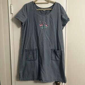 Vintage Coral Bay 100% Cotton Flamingo Embroidered Denim Dress - Size Large